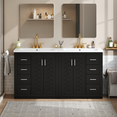 Ensemble de meuble-lavabo 60 po avec lavabo en céramique, armoire de rangement en bois massif, ensemble de meuble-lavabo autoportant avec 3 tiroirs et portes à fermeture douce