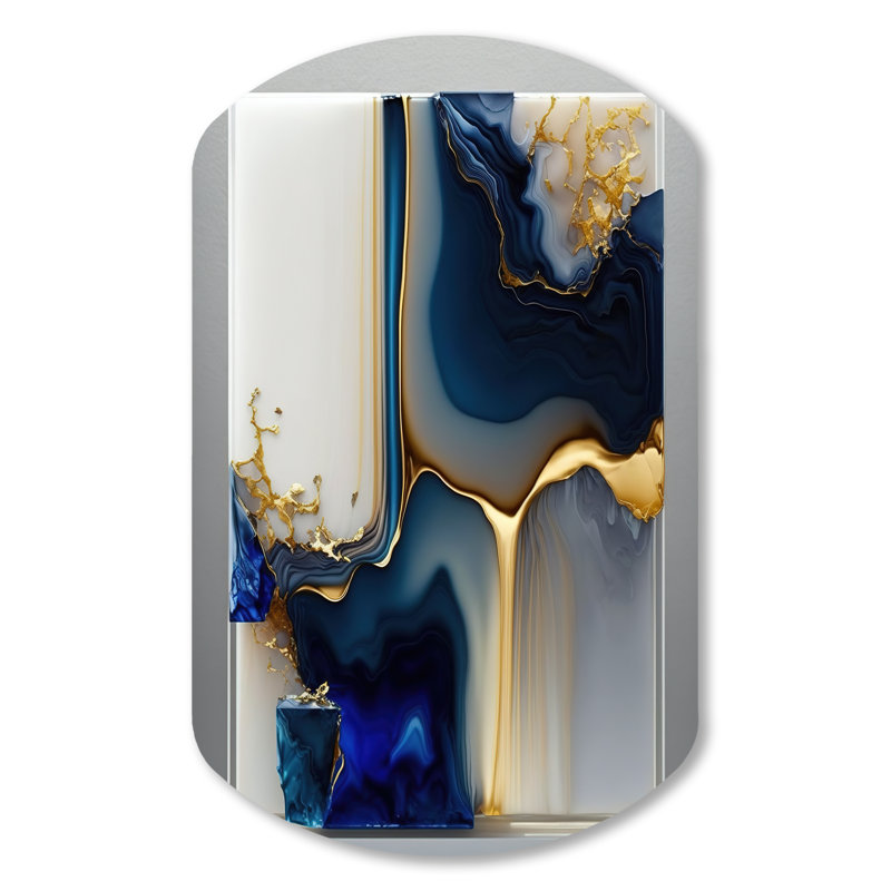 Abstrait géométrique en forme de marbre doré et bleu I - art mural cylindrique en métal, reproduction d'art asymétrique moderne