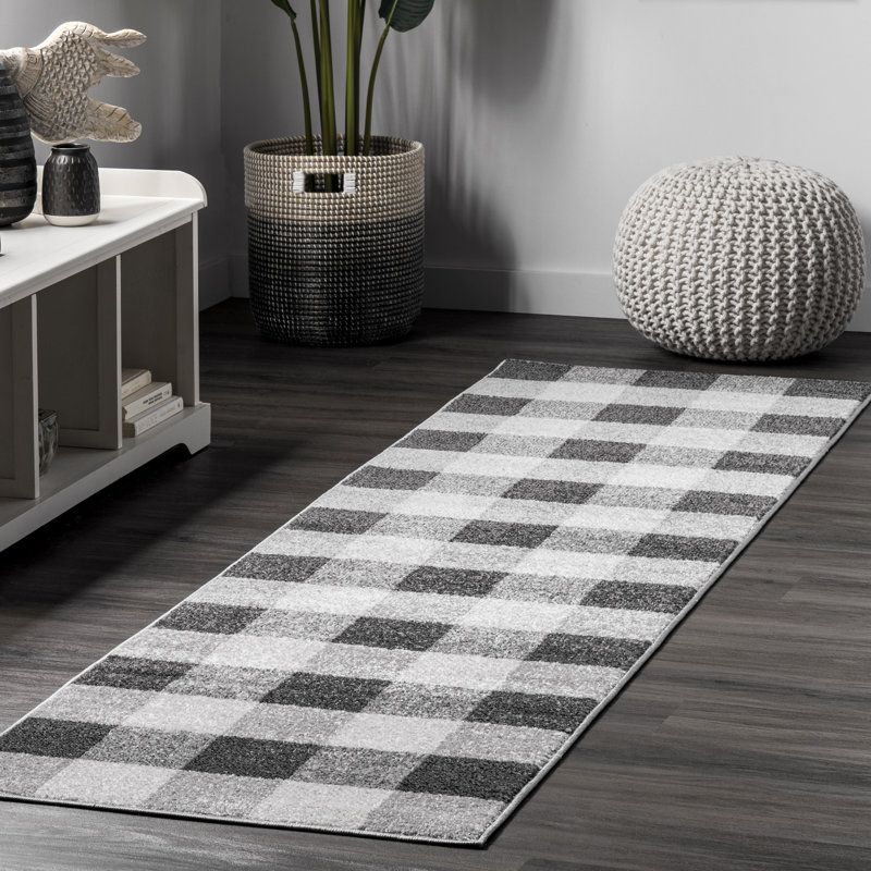 Vasag Plaid Power Loom Performance Black/ Gray/ White Rug, Runner 2'5" x 9'6"