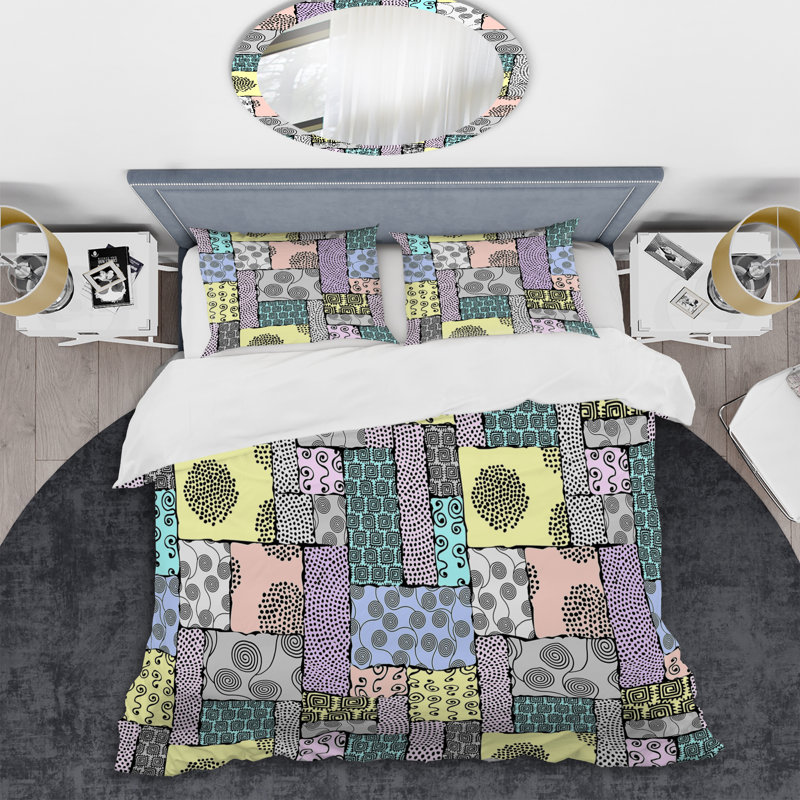Ensemble de housse de couette en microfibre jaune / mauve / vert, Housse de couette pour grand lit et 2 taies décor