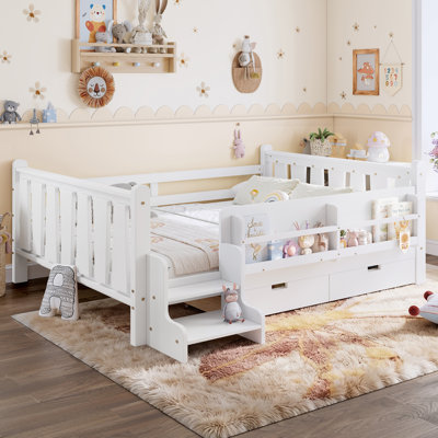 Full Size Kids Floor Bed with Storage Bookcase and Drawers, Solid Wood Platform Bed with Guardrails, Stairs, No Box Spring Needed,Whtie