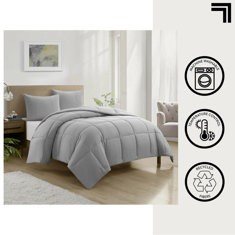 Ensemble d'édredon en duvet synthétique 3 pièces Sharper Image, Gris, Grand édredon + 2 taies décoratives