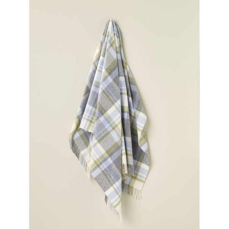 Jeté tissé en laine d'agneau Merino, Bleu / gris / damier beige
