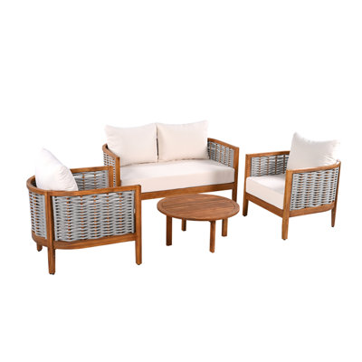 Ensemble de canapé d'extérieur unique à 4 places avec corde tissée, ensemble de meubles de patio en bois d'acacia 4 pièces, sièges profonds avec coussins moelleux pour porche, jardin, cour arrière, balcon