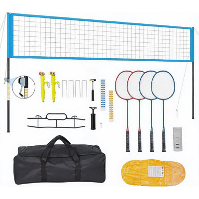 Outdoor Volleyball Net Set with Anti-Sag Winch Tension System – 32 FT Complete Court Set with Steel Poles, Boundary Lines, Rackets & Shuttlecocks or Volleyball, Blue