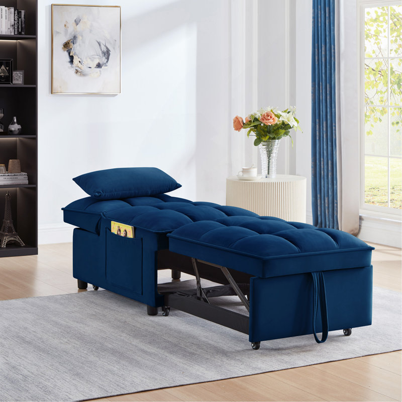 4 in1 Multi-Function Single Sofa Bed with Storage Pockets, Tufted Single Pull-out Sofa Bed with Adjustable Backrest and Pillows , Convertible Chaise Lounge, Navy