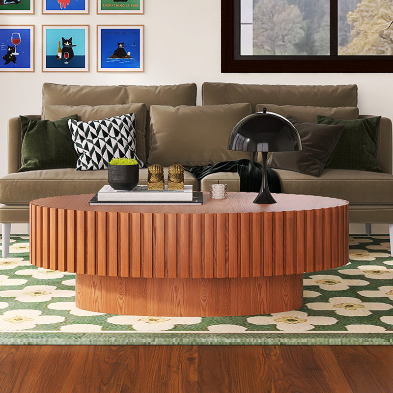 Handcrafted Relief Oval Coffee Table, Natural Wood