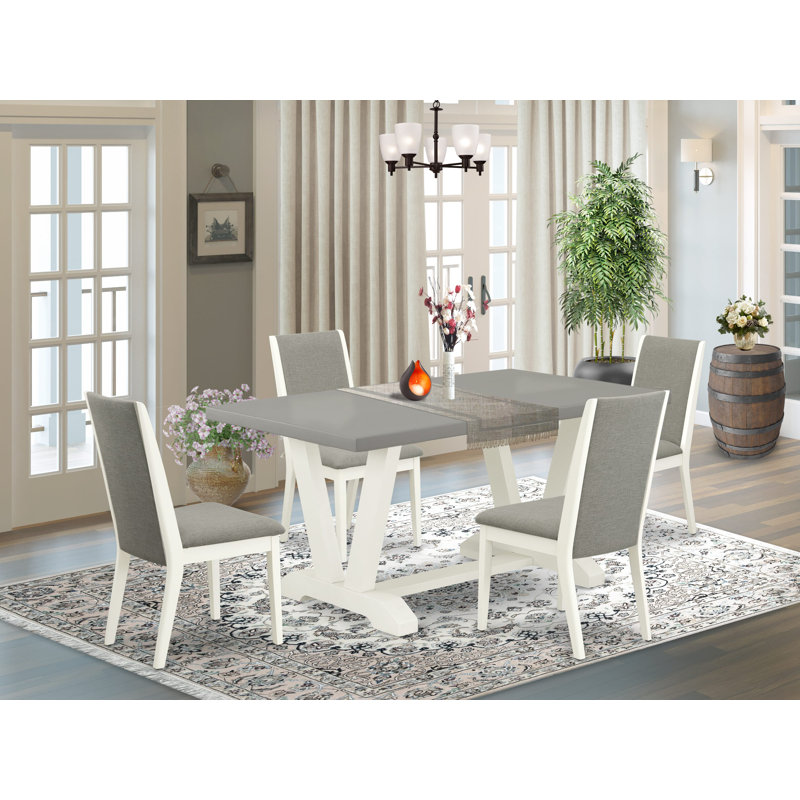 Ensemble de table de salle à manger 5 pièces composé d'une table en bois de ciment et de 4 chaises de salle à manger en lin Shitake foncé avec dossier haut - Lin brossé blanc