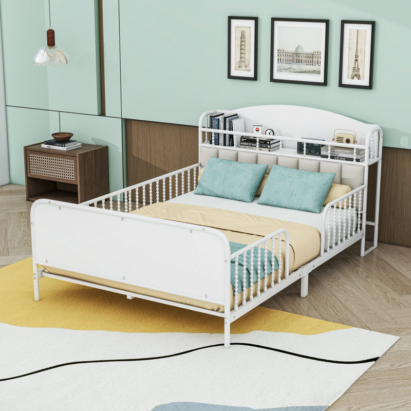 Metal Platform Bed With LED Light Strip, Safety Guardrails And Storage Shelf, Full, White