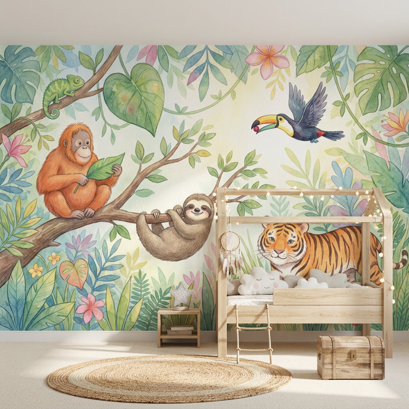 Papier peint jungle tropicale, animaux mignons, aquarelle, 120 po x 96 po, Non tissé