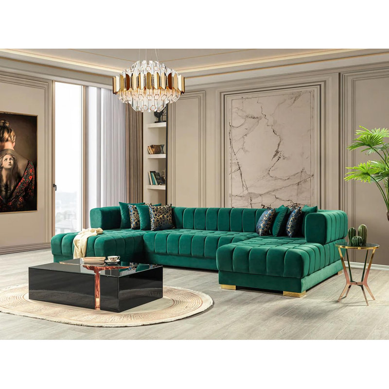 Ariana Velvet Double Chaise Sectional, Green Velvet
