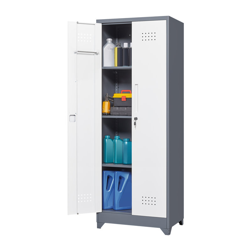 Armoire de rangement à balais avec portes et tablettes verrouillables, Gris / Blanc