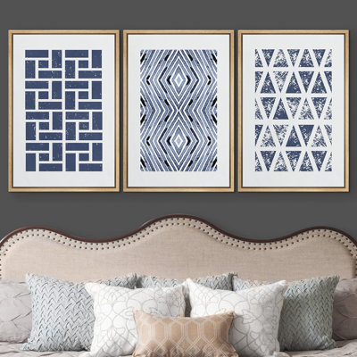 Geometric Line " Geometric Blue Square And Polygons Abstract Shapes Modern Art Bohemian Navy " 3 - Pieces