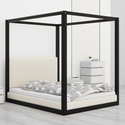 Structure de lit à baldaquin en bois classique, lit plateforme robuste avec tête de lit tapissier confortable