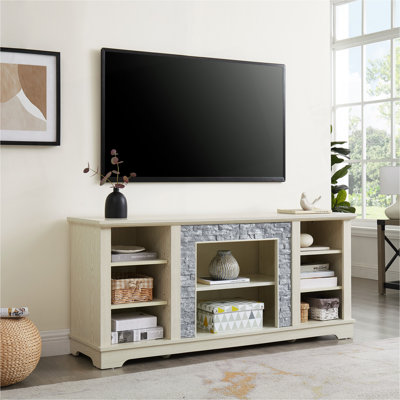 Console de divertissement moderne avec espace de rangement ouvert, console média en fausse pierre
