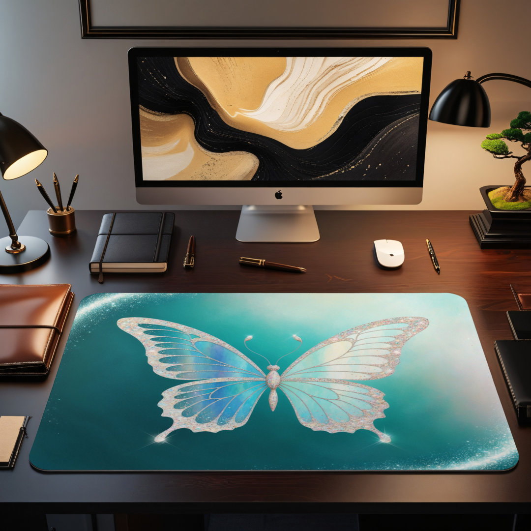 Aqua Glitter Butterfly Desk Mat