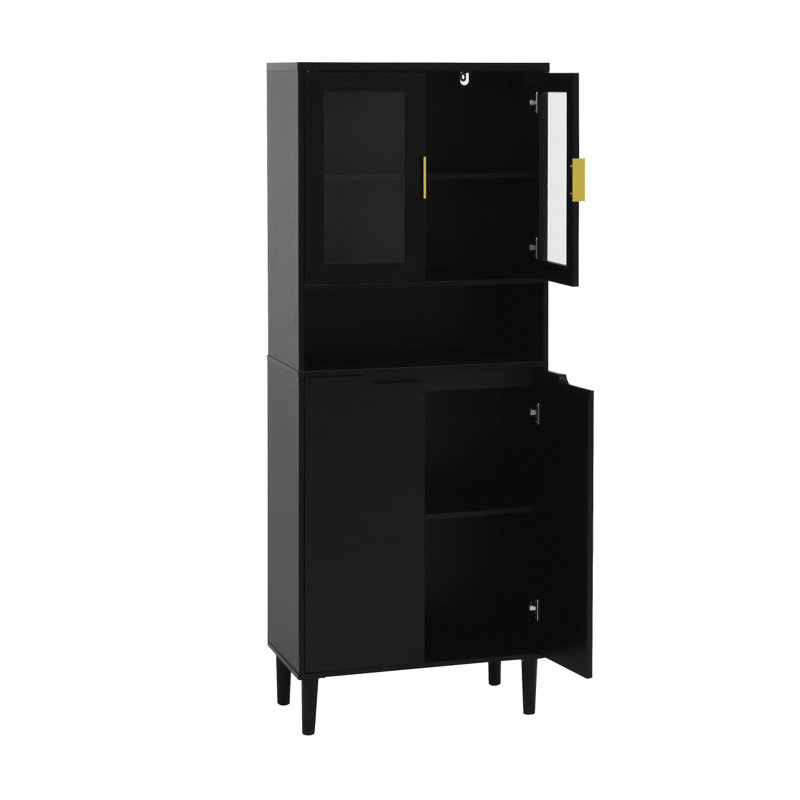 Grande bibliothèque avec porte réglable en verre trempé et panneau de rangement en bois aggloméré à 4 portes, Noir