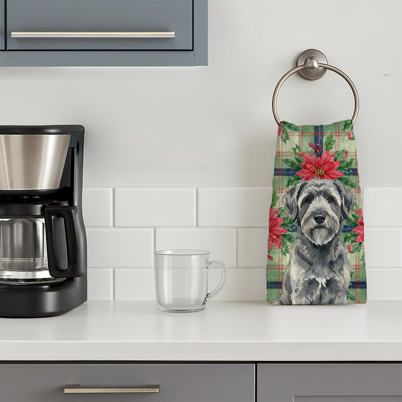 Gray Bouvier des Flandres Christmas PoinsettIas Kitchen Towel, Gray Bouvier des Flandres