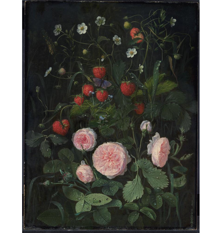 «Still Life with Roses and Strawberries» par Otto Didrik Ottesen - Art mural sur toile tendue avec châssis, H 40 po x l 28 po
