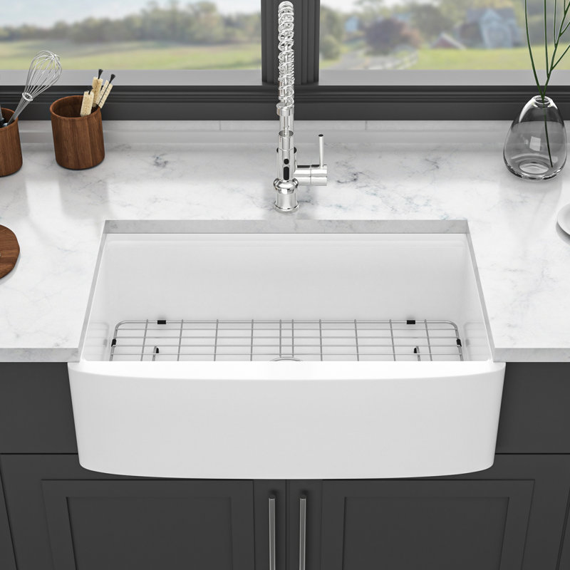33 po Station de travail en céramique blanche - et durable, résistance aux ébréchures, égratignures, espace avec rebords, teinture, cuve profonde pour la cuisine, avec grille à vaisselle, crépine, planche à découper, drain 33 po