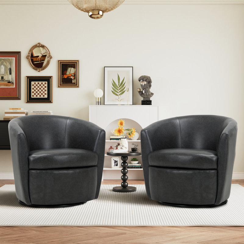 Leather Upholstered Swivel Barrel Chair—No Assembly Required, Charcoal Faux Leather