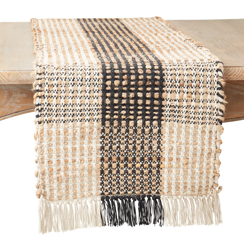 Black and White Checkered Cotton and Jute Table Runner