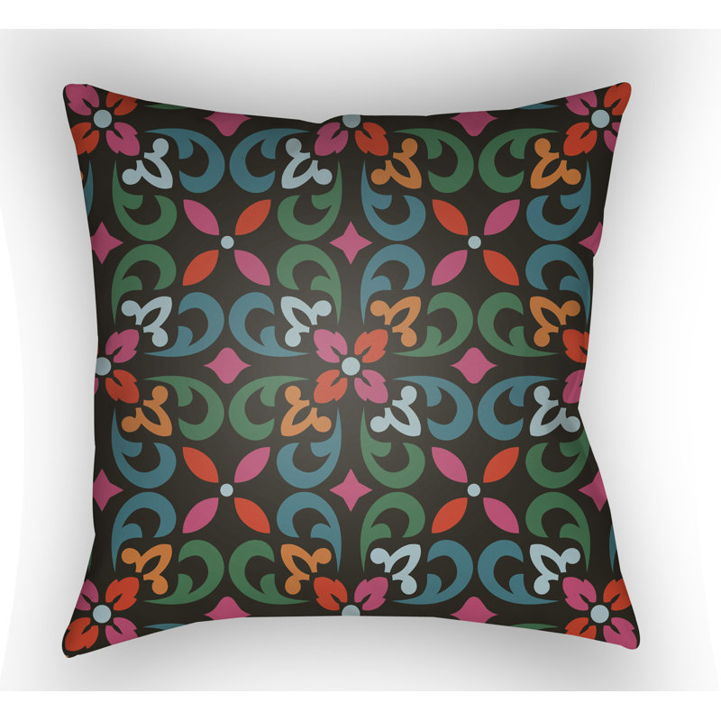 Floral Outdoor Throw Pillow, Black, 18" H x 18" W x 3" D