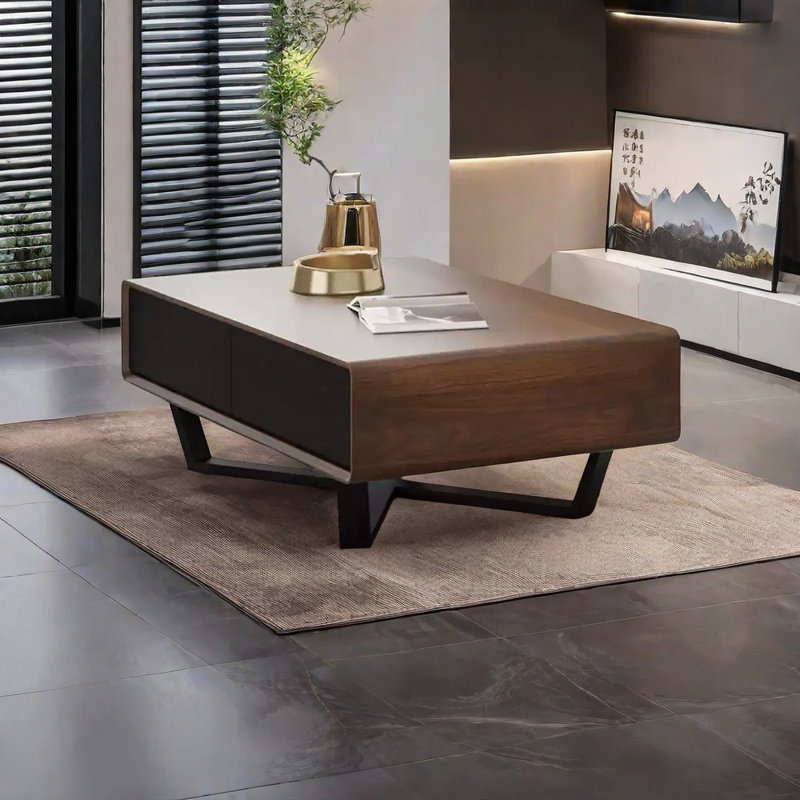 Une table basse d'angle à quatre tiroirs minimaliste, H 15,74 po x L 55,11 po x l 31,49 po, Noyer foncé/noir