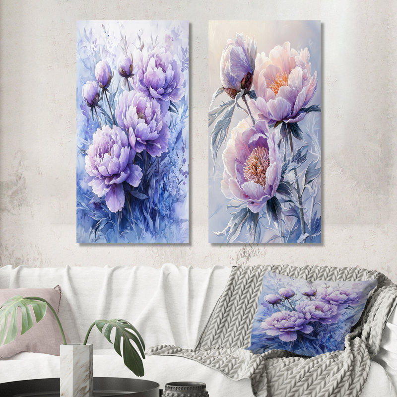 Lavande hivernale pivoines Embrace I - Art mural floral, 2 panneaux, H 28 po x l 25 po, Toile tendue