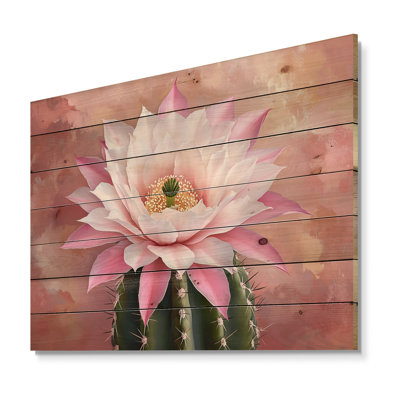 Fleur de cactus rose II - décoration murale traditionnelle sur bois de pin naturel