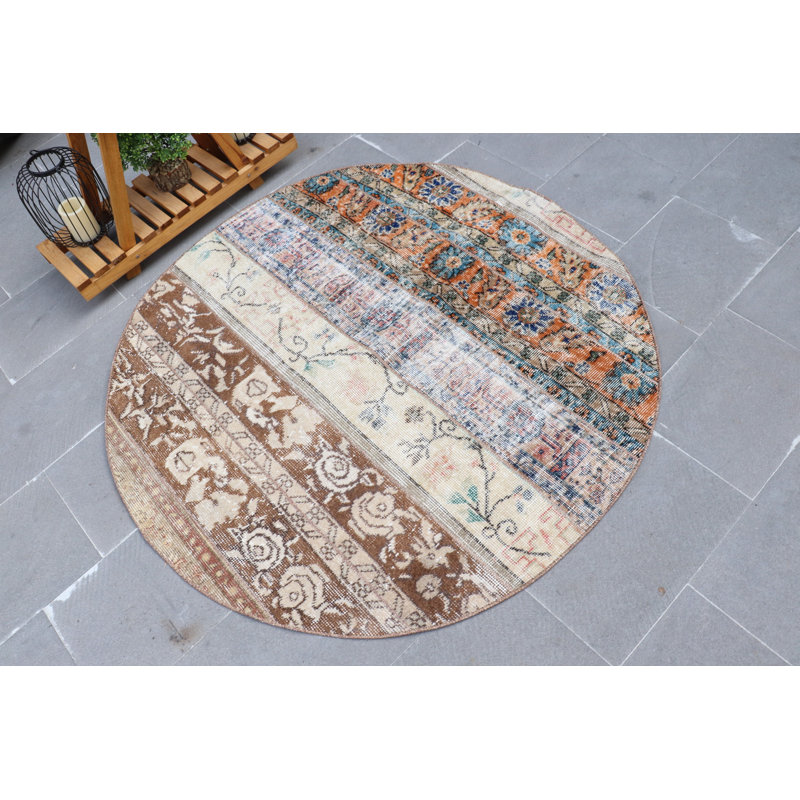 Tapis turc rond fait à la main Vintage Oushak - Tapis décoratif antique pour le salon