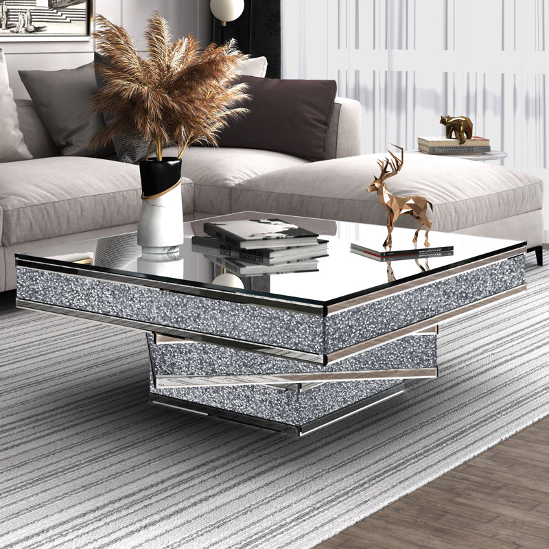 Modern Square High Gloss Statement Luxury Coffee Table Mirrored Glass Top