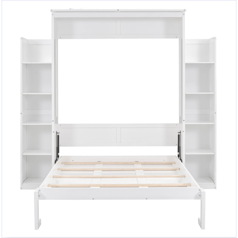 White Full Murphy Bed with Shelves and LED Lights