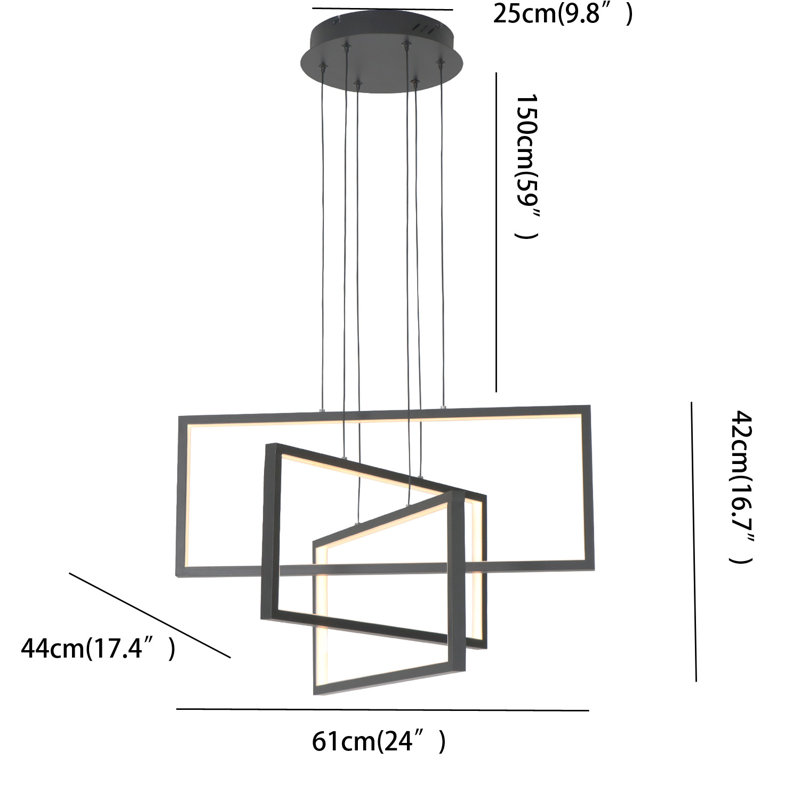 Kanise 3-Light Modern Chandelier Rectangular Black Cage Kitchen Island Pendant with Remote, 16.7" H x 24" W x 17.4" D