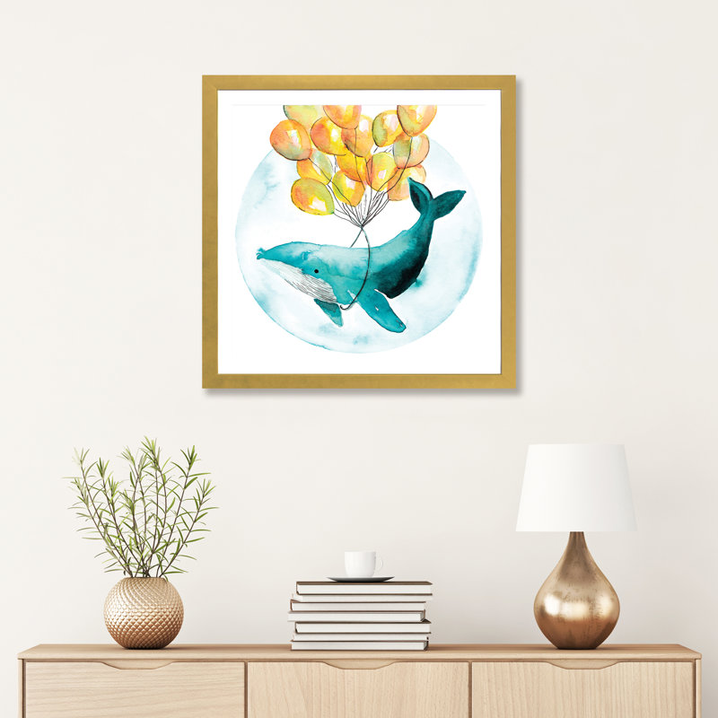 Baleine magique I - impression, Blanc, Papier encadré doré, H 24 po x l 24 po x p 1 po