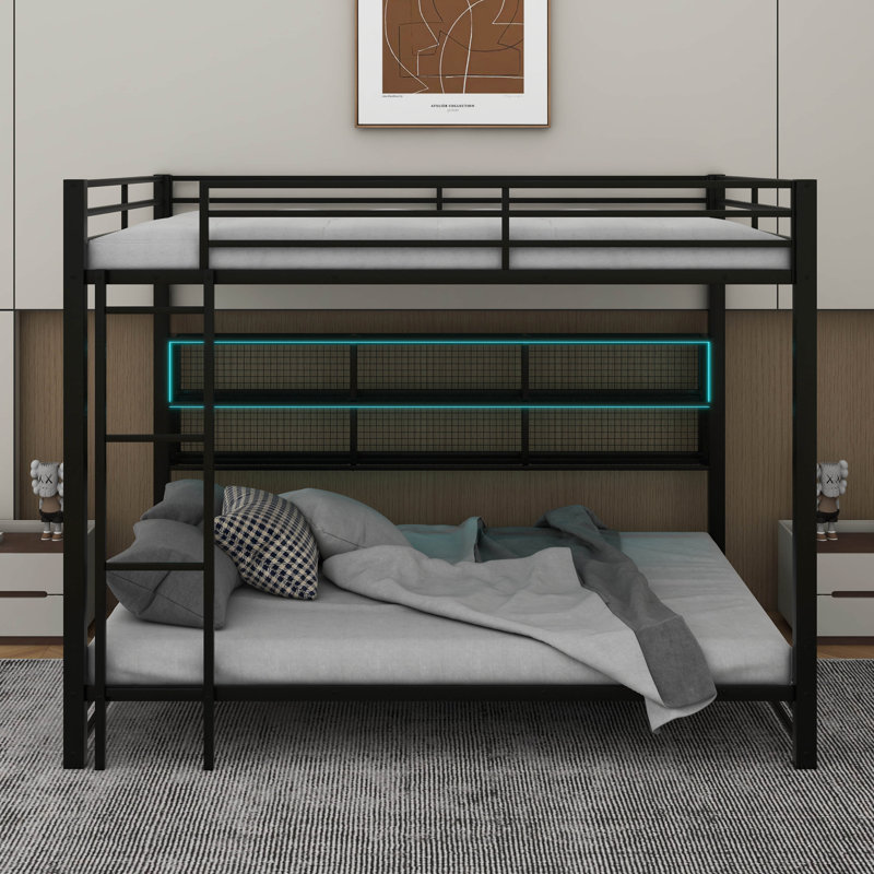 Metal Queen Over Queen Bunk Bed With Storage Cabinets And LED
