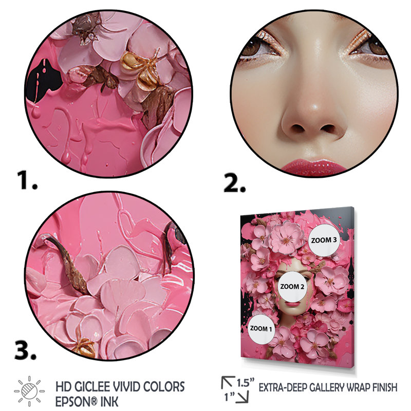 «Pink Floral Tranquil Woman Portrait», art mural glam, Cadre flottant noir, H 44 po x l 34 po x P 1,5 po