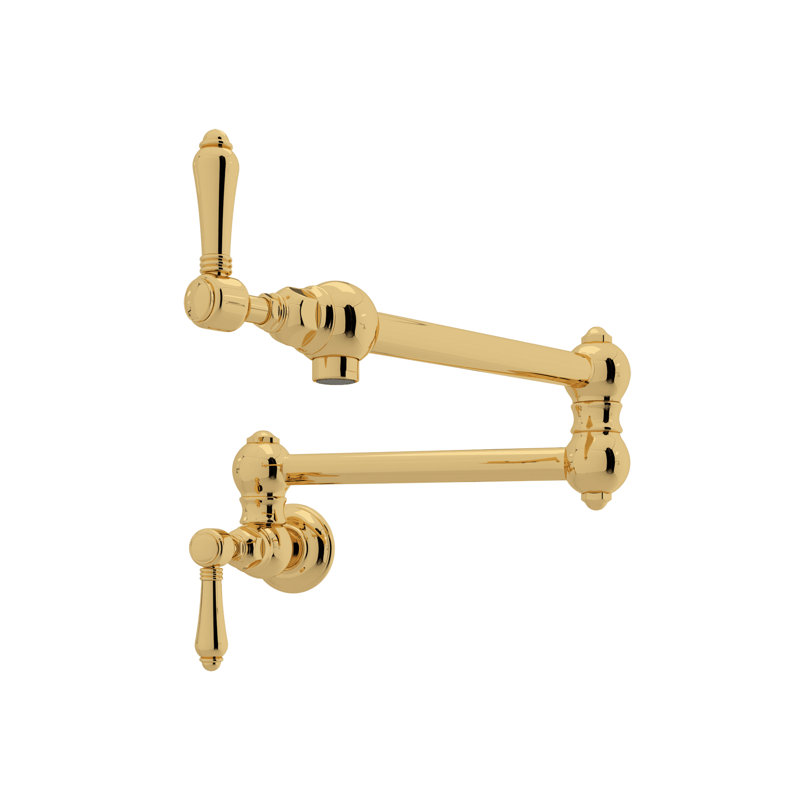 Country Kitchen Two Handle Wall Mounted Swing Arm Fold Away Pot Filler Faucet with Handles, Metal Levers, Italian Brass