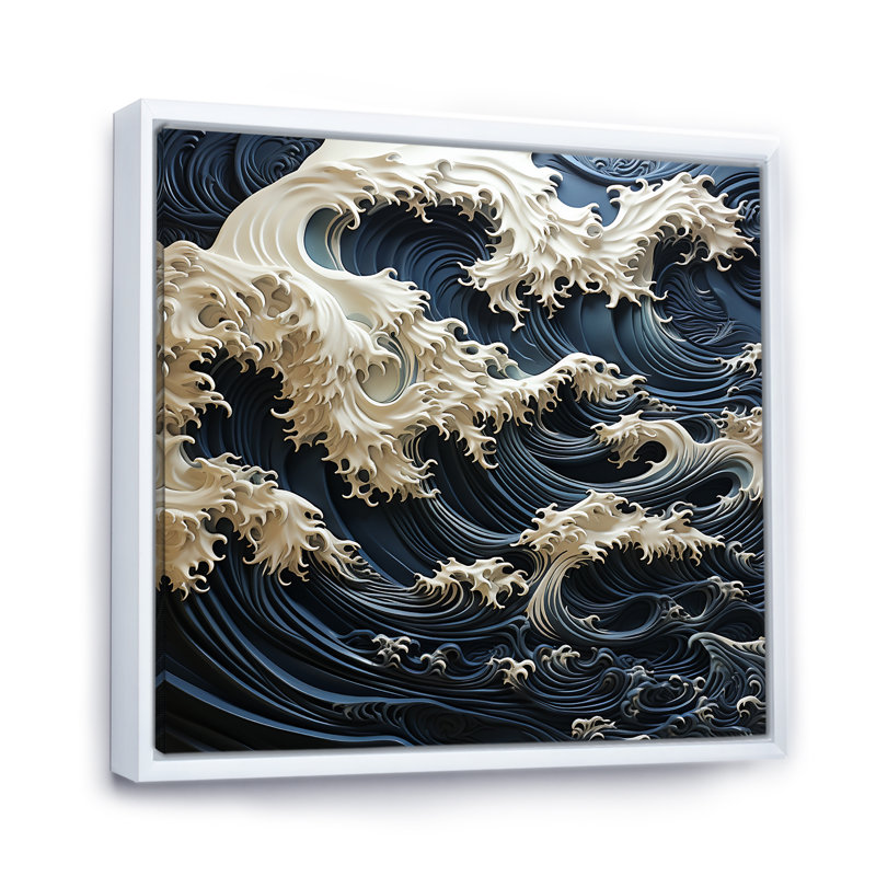 Abstrait bleu et blanc, tempête océanique sur toile, H 36 po x l 36 po x P 1,5 po, Cadre flottant blanc