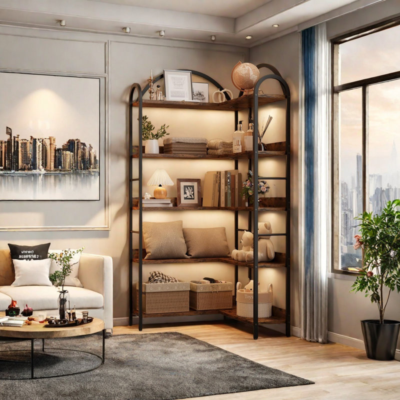 Industrial Corner Bookshelf - Arched L-Shaped Bookcase