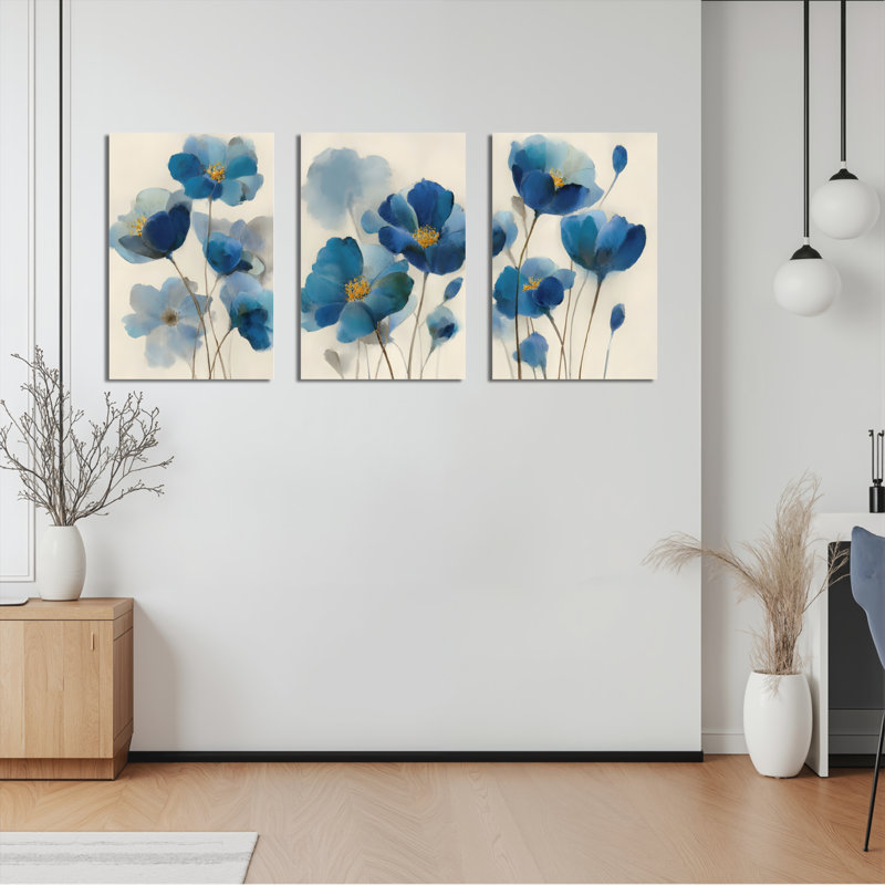 "Blue Floral", reproduction d'art sur toile abstraite (ensemble de 3), H 36 po x l 72 po