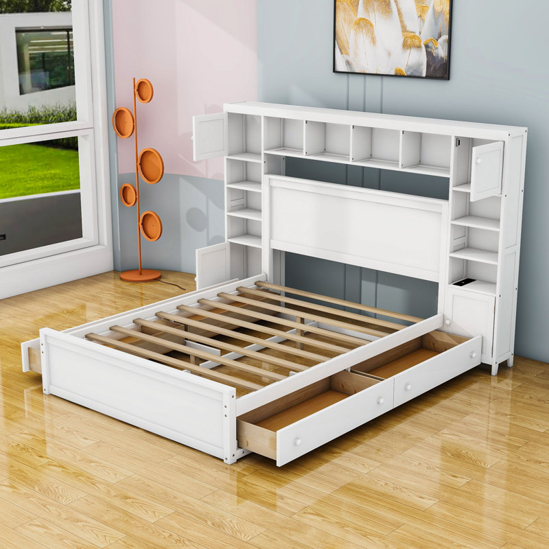 Philman Queen Bed with All-in-One Cabinet, Shelves, 4 Drawers and Sockets, White
