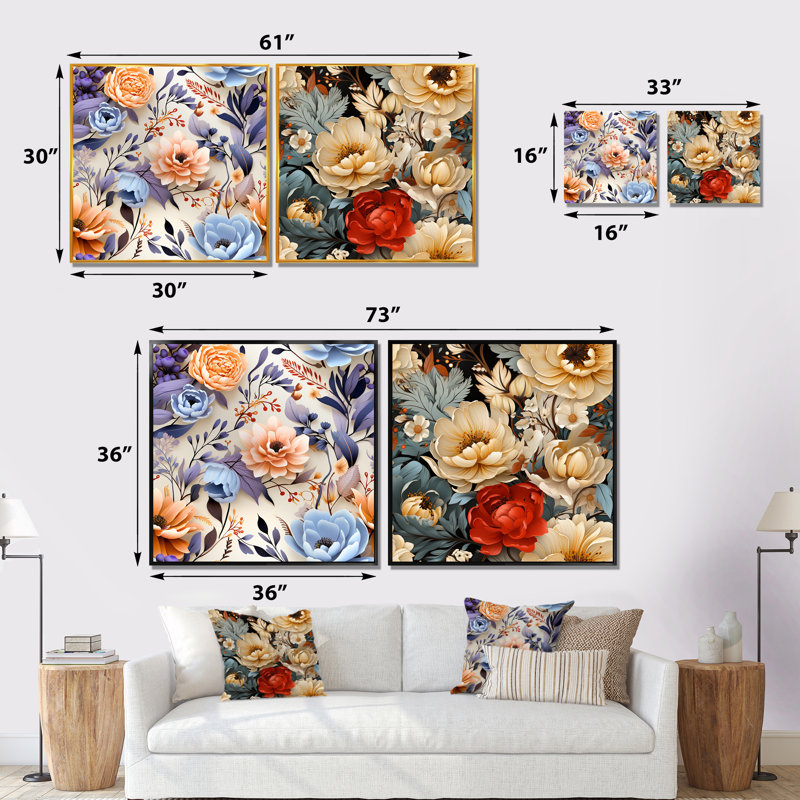 Lea - Ensemble de 2 impressions sur toile florales, Cadre blanc, H 36 po x l 73 po x P 1,5 po