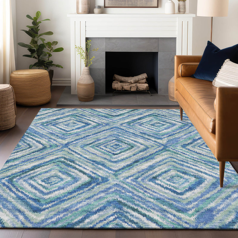 Tapis bleu Prisco lavable à la machine de qualité supérieure, Rectangulaire 3 pi x 5 pi