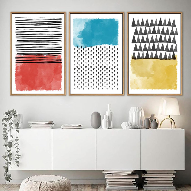 Abstrait, blocs de couleurs vives et carrés abstraits, impression sur toile, 3 pièces, Naturel, H 24 po x l 48 po x P 1,5 po