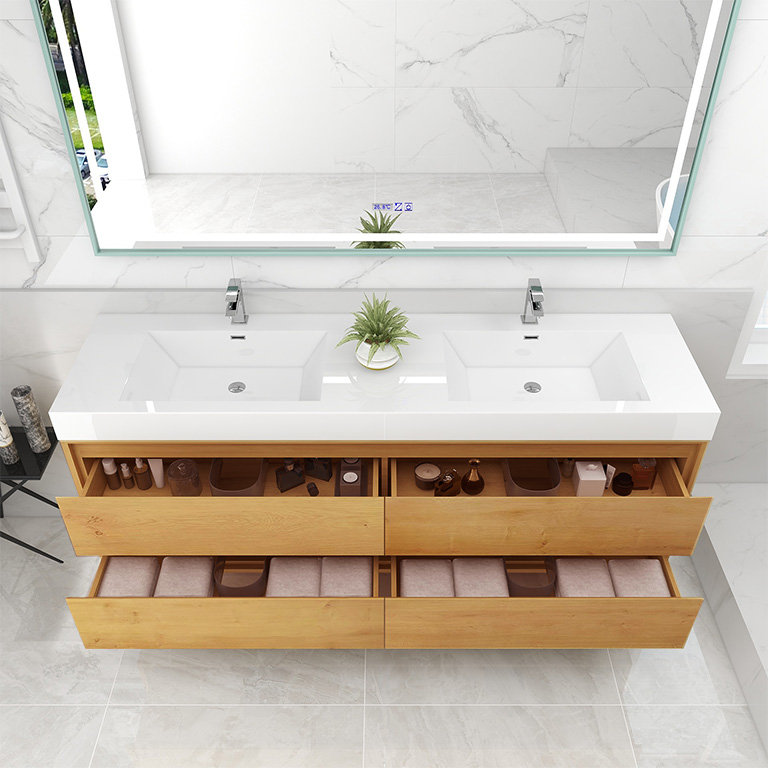 Azden 84" Wall-Mounted Double Bathroom Vanity Set, Light Oak