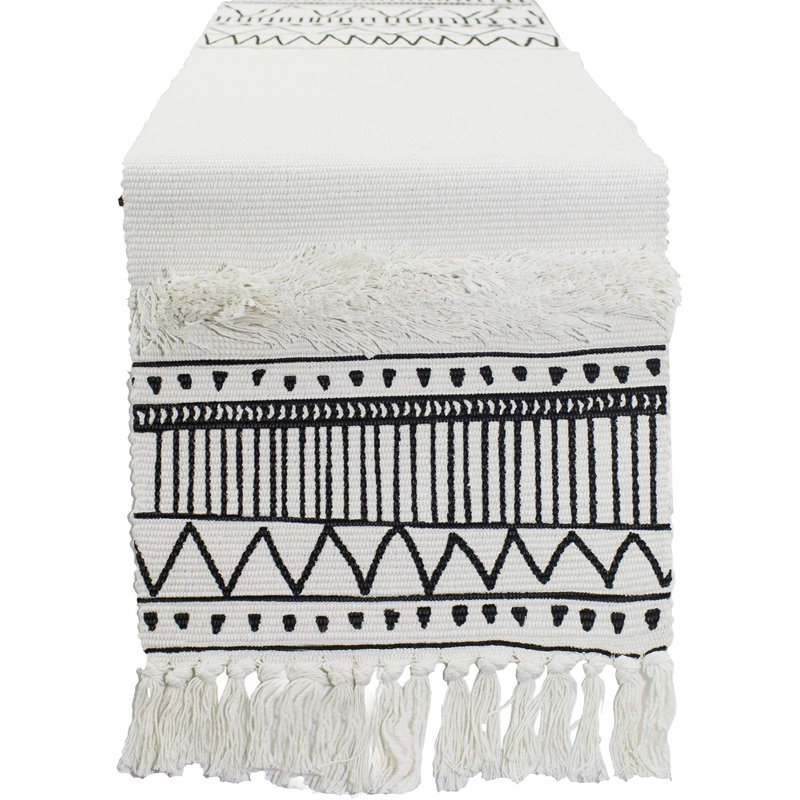 Ivory Boho Tribal Textured Table Runner With Tassels, 87" L x 14" W