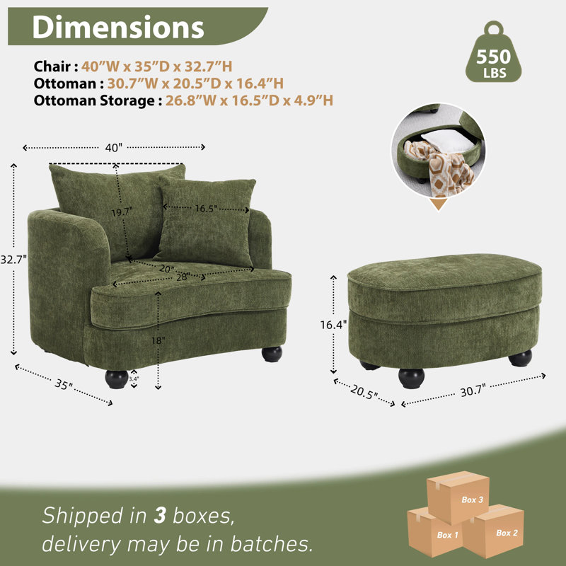 Oversized Verona With Ottoman, Wide Chaise Lounge Chair Indoor, Modern Armchair With Pillow, Chenille Comfy Chairs For Bedroom, Living Room