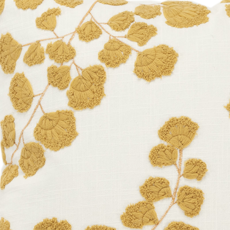 Ivory and Yellow Botanical Embroidered Cotton Throw Pillow
