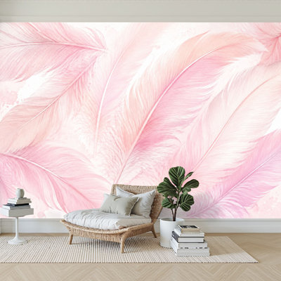 Papier peint adhésif peler et coller plume délicate rose pâle délicat auto-adhésif à contact mural pour salon Chambre à coucher H 100 po x l 144 po